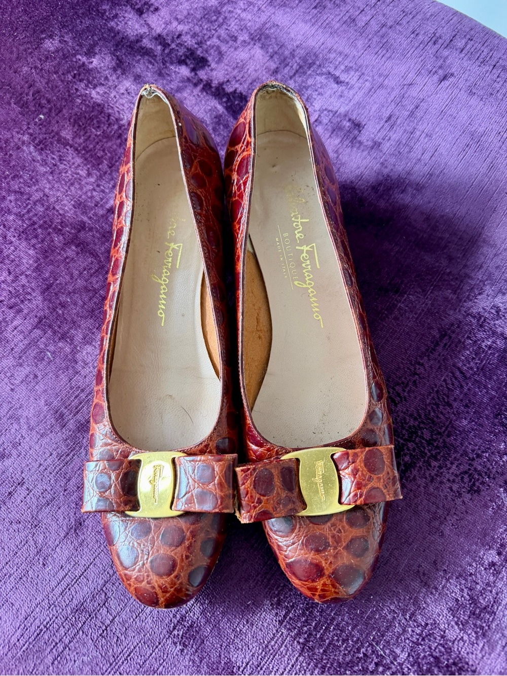 Salvatore Ferragamo Croc-Embossed Brown Vara Bow Flats with Gold Hardware